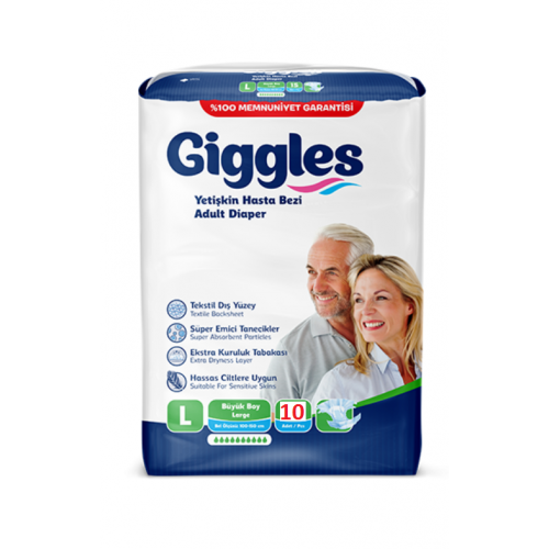 GİGGLES YETİŞKİN HASTA BAĞLAMA  BEZİ 10'LU LARGE KOLİ İÇERİĞİ 12'Lİ PAKET GİGGLES YETİŞKİN HASTA BAĞLAMA  BEZİ 10'LU LARGE KOLİ İÇERİĞİ 12'Lİ PAKET