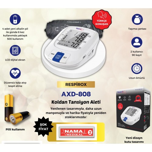 RESPİROX TANSİYON ALETİ KOLDAN ÖLÇER KONUŞAN AXD-808 RESPİROX TANSİYON ALETİ KOLDAN ÖLÇER KONUŞAN AXD-808