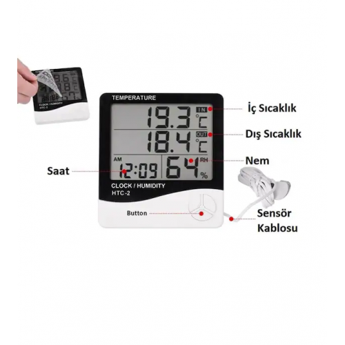 VZN DİJİTAL KABLOLU İÇ MEKAN TERMOMETRE SAAT VE NEM ÖLÇER HTC-2 VZN DİJİTAL KABLOLU İÇ MEKAN TERMOMETRE SAAT VE NEM ÖLÇER HTC-2